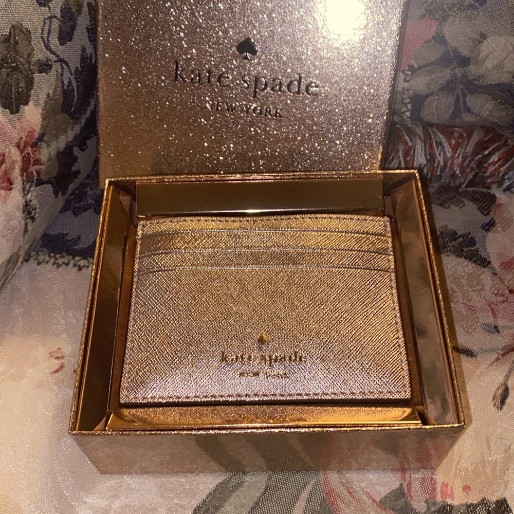KATE SPADE GOLD METALLIC CARD HOLDER NIB GLITTERING ROSE GREAT GIFT